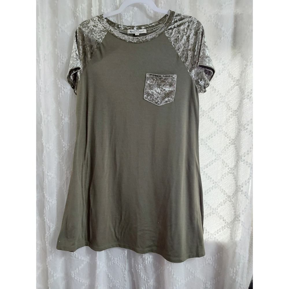 WallFlower Olive Green Raglan Sleeve T-Shirt Dress with Crushed Velvet Trim L
